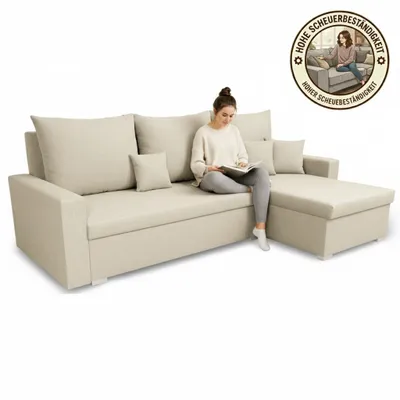 Produktbild von KomfortWelt24 Ecksofa mit Schlaffunktion und praktischem Bettkasten - Bequemer Eckcouch 216x134 cm L-Form MONDO Creme