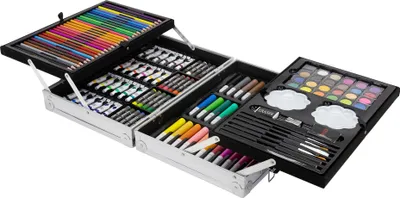 Obrázek produktu pro ECD Německo Malířská sada s hliníkovým kufříkem, 145 dílů, 34x24,5x9 cm, stříbrná, sada pro kreslení a umění, barevné tužky, vodové barvy, pastelky a mnoho doplňků, krabička na barvy, sada pro kreslíře