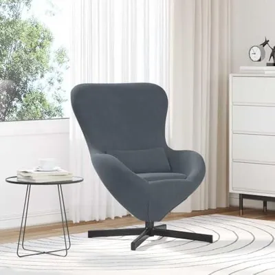 Zdjęcie produktu dla Szary, aksamitny fotel w kształcie jaja, o wymiarach 63x73x90 cm, z funkcją obrotu i nogami ze stali, idealny jako fotel uszny do salonu, sypialni lub kącika do czytania