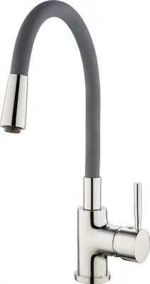 A kitchen faucet with a flexible gray hose and a silver base.