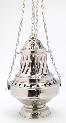 Produktbild von XXL Weihrauchfass mit Kette zum Hängen aus Messing vernickelt Silber Santiago Serie Höhe 33 cmmit Innenschale aus Stahl für die Räucherkohle