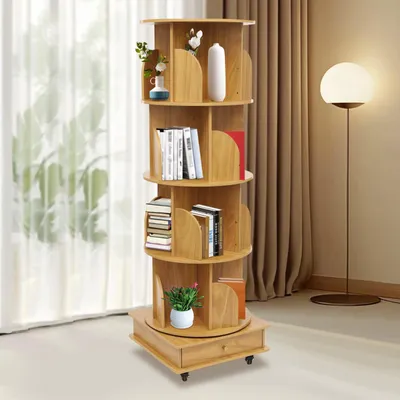 Image de Bibliothèque mobile à quatre étagères, imitation bois, avec 16 compartiments et un meuble de rangement