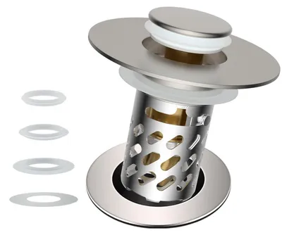 Image de Bouchon de lavabo pop-up 3 en 1 avec filtre à poils, finition nickel brossé, diamètre de 30 à 46 mm