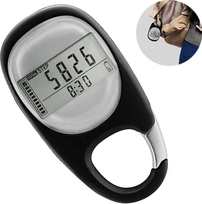 A close-up of a black and silver pedometer with a digital display showing steps and time.