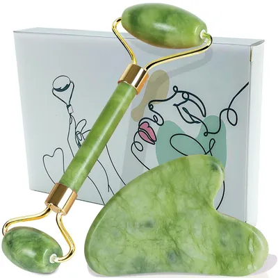 Produktbild von Gesichtsroller Gesichtsmassagegerät Gua Sha Stein - Jade - Zwei Rollen - Gesicht und Körper