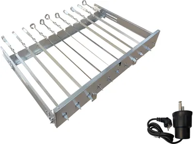 A stainless steel rotisserie spit set with an electric motor and plug, displayed on a white background.