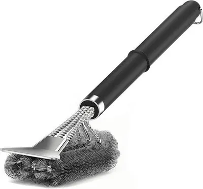 Obrázek produktu pro Čisticí kartáč na gril 3 v 1 s nerezovými štětinami a škrabkou, s dlouhou, žáruvzdornou rukojetí