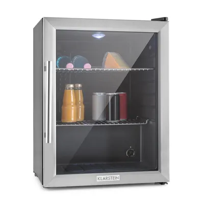 A close-up shot of a mini refrigerator with a glass door.