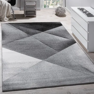 Immagine prodotto di Tappeto di design moderno con motivi geometrici a pelo corto grigio nero bianco screziato Dimensioni 70x250 cm