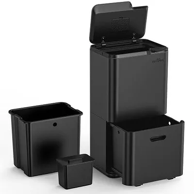 Imagen del producto de Cubo de basura para cocina, 63 litros, cubo con pedal, 3 compartimentos, sistema de separación de residuos, cubo de basura para cocina con cubo interior de plástico, metal, tapa abatible, sistema de cierre suave y hermético