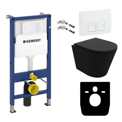 Produktbild von DOMINO Geberit Duofix Basic Vorwandelement + Wand-WC Tiefspül Galve Becken Schwarz Spülrandlos + Bedienplatte Delta 25 für Doppelspülung |Komplett Set
