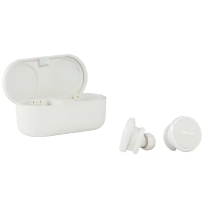 A white charging case and two white wireless earbuds are displayed against a white background.