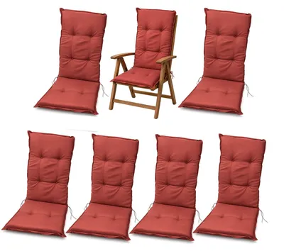 Produktbild von BURI 6x Hochlehner Auflage 117x49x6 cm - wetterfeste Gartenstuhlauflage mit Schaumkern & Vollvlies, Halteband & Bindebänder, bequemes Stuhlpolster für Balkon, Terrasse & Garten (Rot)