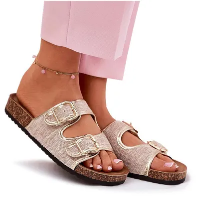 Produktbild von Damen Stoffslipper Auf Korkplattform Mit Schnallen Gold Osoffe 39