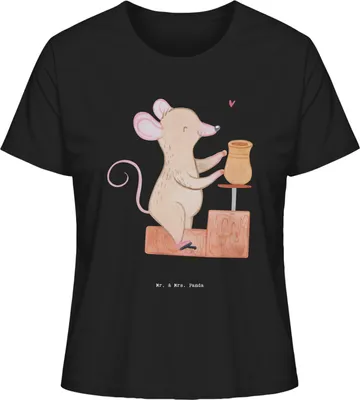 Produktbild von Mr. & Mrs. Panda damen shirt Maus Töpfern Größe L - Schwarz - Geschenk, Basic, Baumwoll T-Shirt, Töpferkurs, Kurzarmshirt, Töpferei, Oberteil