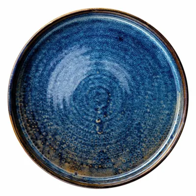 A top-down view of a single, flat, round plate with a dark blue speckled glaze and a brown rim.