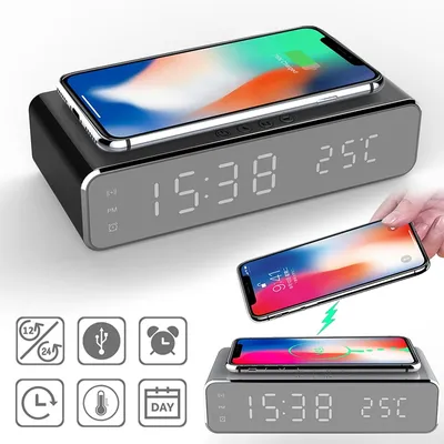 Produktbild von ANTCOOL LED Wecker QI Wireless Charger für iPhone Samsung Huawei mit Digitalthermometer Datumsanzeige Elektronische Uhr