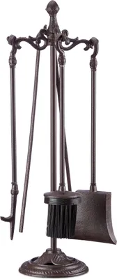 Produktbild von Relaxdays Kaminbesteck 5-teilig, Schaufel, Besen, Schürhaken, Zange, Halter, Kamingarnitur, HxBxT 51 x 18 x 18 cm, braun