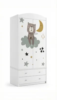 Produktbild von Kleiderschrank Kinder Weiß 2 Türen 2 Schubladen 88x187 cm Kinderschrank mit Stange Kinderzimmer Schrank groß, bunte Aufkleber