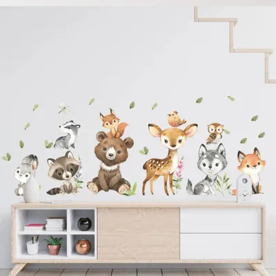 Produktbild von Wandsticker Kinder Tier Wandaufkleber,Wandtattoo mit Waldtieren(Wandaufkleber für Kinderzimmer, Braunbär Hirsch Hase Tier, Wandaufkleber)