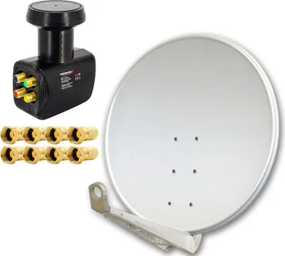 A satellite dish, LNB, and F-connectors are arranged on a white background.