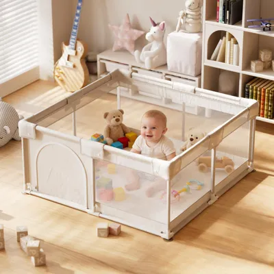 Produktbild von Koonmi Laufstall Baby 120x120 cm Faltbarer Laufgitter mit – für Babys & Kleinkinder, zusammenklappbarer Spielkäfig für Innen und Außen – Hellgrau