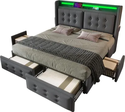 Immagine prodotto di Letto imbottito 160x200, letto matrimoniale con testata a Led e USB C e 4 cassetti, letto contenitore, grigio, senza materasso