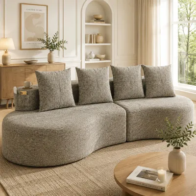 Produktbild von Leinenstoff Sofa Khaki Couch mit 4 Kissen Polstersofa Modernes Loungesofa Wohnzimmersofa mit Becherhalter Seitentaschen Federkern Kleines Sofa