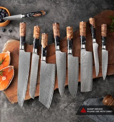 Zdjęcie produktu dla Zestaw noży kuchennych Damascus 9 sztuk Niezwykle ostre, wyjątkowo piękne noże szefa kuchni, tak indywidualne jak Twoje przepisy i potrawy Stal Damascus VG10 67 warstw