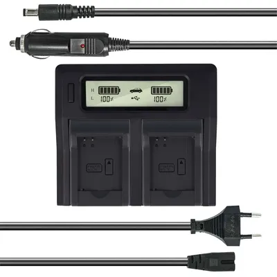 Produktbild von Dual Akku-Ladegerät kompatibel mit Panasonic DMW-BCL7 - mit USB-Anschluss, LCD-Display und Kfz-Ladekabel - Schnellladegerät