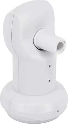 A white satellite dish antenna with a single LNB and a tripod stand.