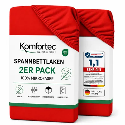 Produktbild von Komfortec Spannbettlaken 2er 180x200 cm, Bettlaken Boxspringbett bis 15cm - 30cm Matratzenhöhe,  Rot, KI-generiertes Bild