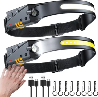 Obrázek produktu pro 2*LED čelovka, senzorová čelovka s USB dobíjením, IPX4 vodotěsná, 230° ultra široký úhel 350LM s 8 klipy černá