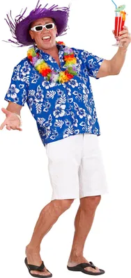 A man wearing a Hawaiian shirt, lei, sunglasses, and a straw hat, holding a cocktail.