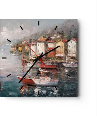 Produktbild von Wanduhr - Quadrat - Glasuhr - Meer Hafen Segel - 30x30cm - Schleichendes Uhrwerk - Lautlos - zum Aufhängen bereit - Dekoration Modern - Wanddekoration aus Glas - C3AC30x30-5136