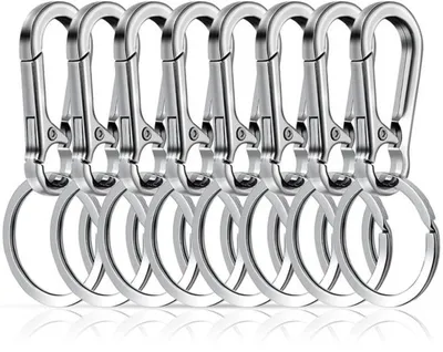 Produktbild von Set aus 8 starken Metall-Schlaghaken mit Karabinerhaken und Schlüsselringen
