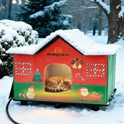 Imagen del producto de Caseta navideña para gatos con calefacción, para exteriores. Caseta aislada para gatos, ideal para el invierno, con calefactor y ventana de visualización. Un hogar festivo para gatos callejeros