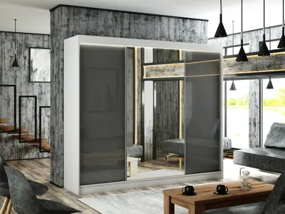 Produktbild von Kleiderschrank Venus 250 cm inklusive 3 Schiebetüren mit Spiegel Lieferung bis in die Wohnung Kleiderstange Garderobe Schrank (Farbe: weiß, lacobel grau)