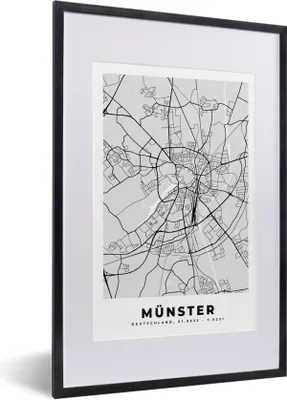 Produktbild von MuchoWow® Gerahmtes Poster Karte - Deutschland - Münster - Karte - Stadtplan 40x60 cm - Poster mit Schwarzem Bilderrahmen Wandposter Rahmen Foto Bilder - Poster in Rahmen