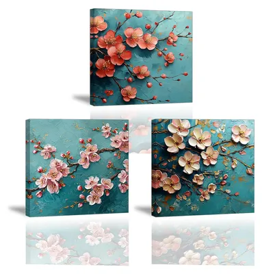 Productafbeelding van Omgoods - Set van 3 Bloemenschilderijen op Canvas voor Wanddecoratie