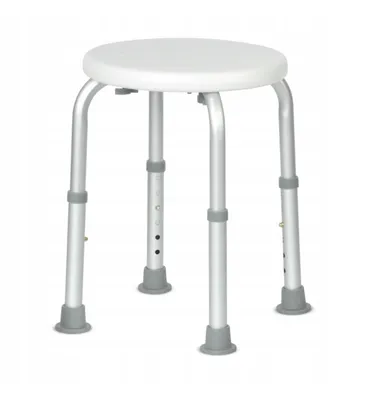 A white round shower stool with silver adjustable legs on a white background.