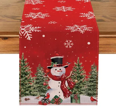 Produktbild von Tischläufer Weihnachten Rot 230x33cm Leinen mit Schneemännern und Schneeflocken