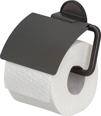 Produktbild von Tiger Tune Toilettenpapierhalter mit Deckel, Montage ohne Bohren dank integrierter Klebefolie, optional Befestigung zum Schrauben, Black Metal gebürstet/Schwarz, 150 x 123 x 33 mm