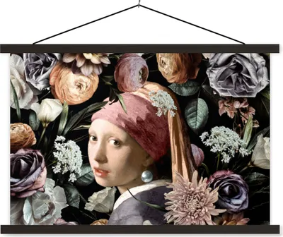 Produktbild von MuchoWow® Textilposter Mädchen mit Perlenohrring - Blumen - Vermeer - Pastell - Kunstwerk - Gemälde - Alte Meister 150x100 cm mit schwarzem Rahmen - Schlafzimmer