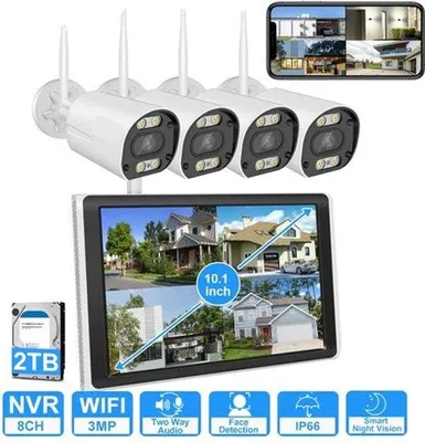 Produktbild von Überwachungskamerasystem – Kabellos – 3 MP – 8-Kanal-Netzwerkvideoaufzeichner (NVR) – 10,1-Zoll-LCD-Display – Wasserdicht – WLAN – Weiß
