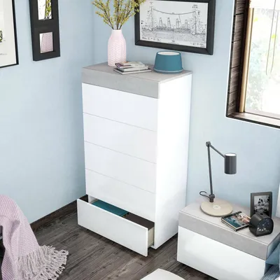 Image de Armo - Commode, 61x40x118h cm Blanc, 5 Tiroirs