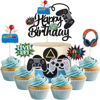 Produktbild von 25 Stück Tortendeko Geburtstag Junge, Videospiel Tortendeko, ideo Gaming Cupcake, Spielkonsolen Thema Cupcake Topper, Torten Deko für Kinder Party Dekoration