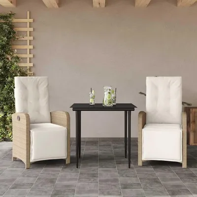 Produktbild von 3-teiliges Gartenmöbel-Set mit verstellbaren Lounge-Sesseln, Tisch und Kissen aus Poly-Rattan für Balkon, Terrasse und Garten