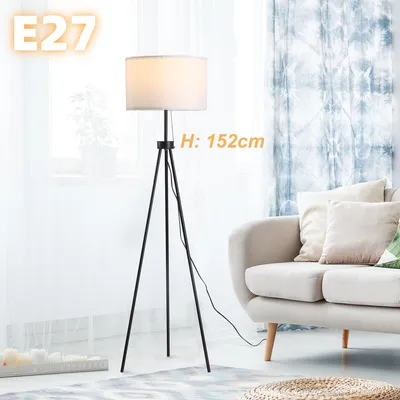 Produktbild von Moderne Dreibein Stehleuchte mit Stoffschirm in Leinenoptik – Dreibeinige Dreifuß Standleuchte E27 max. 40W, mit Zugkette & 3m Kabel, Design Dreifußla