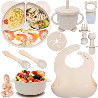 Imagen del producto de Omgoods - Set de 10 piezas para alimentación infantil, con plato de silicona y babero personalizado